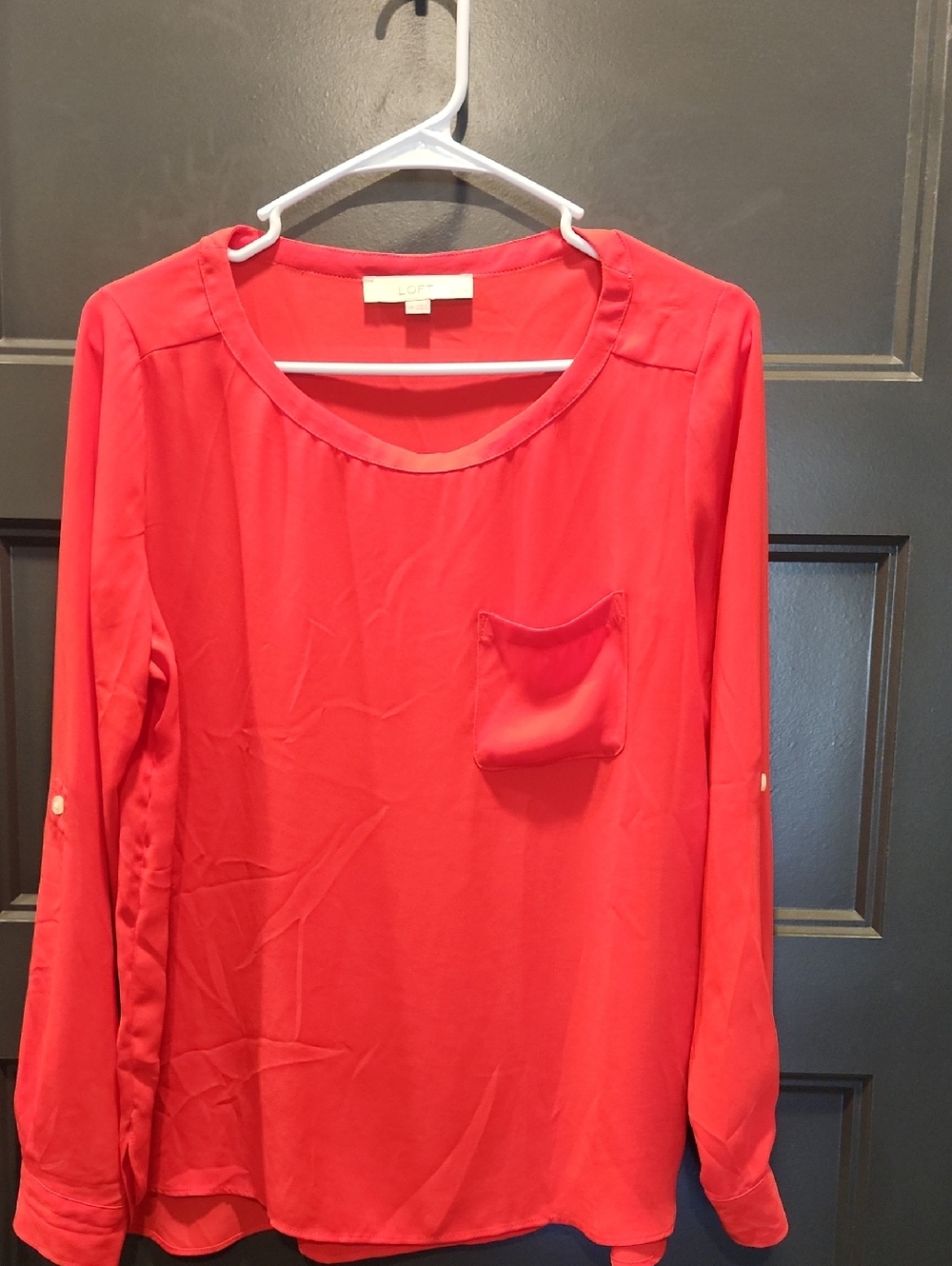LOFT Coral Scoop Neck Long-Sleeve Blouse with Chest Pocket